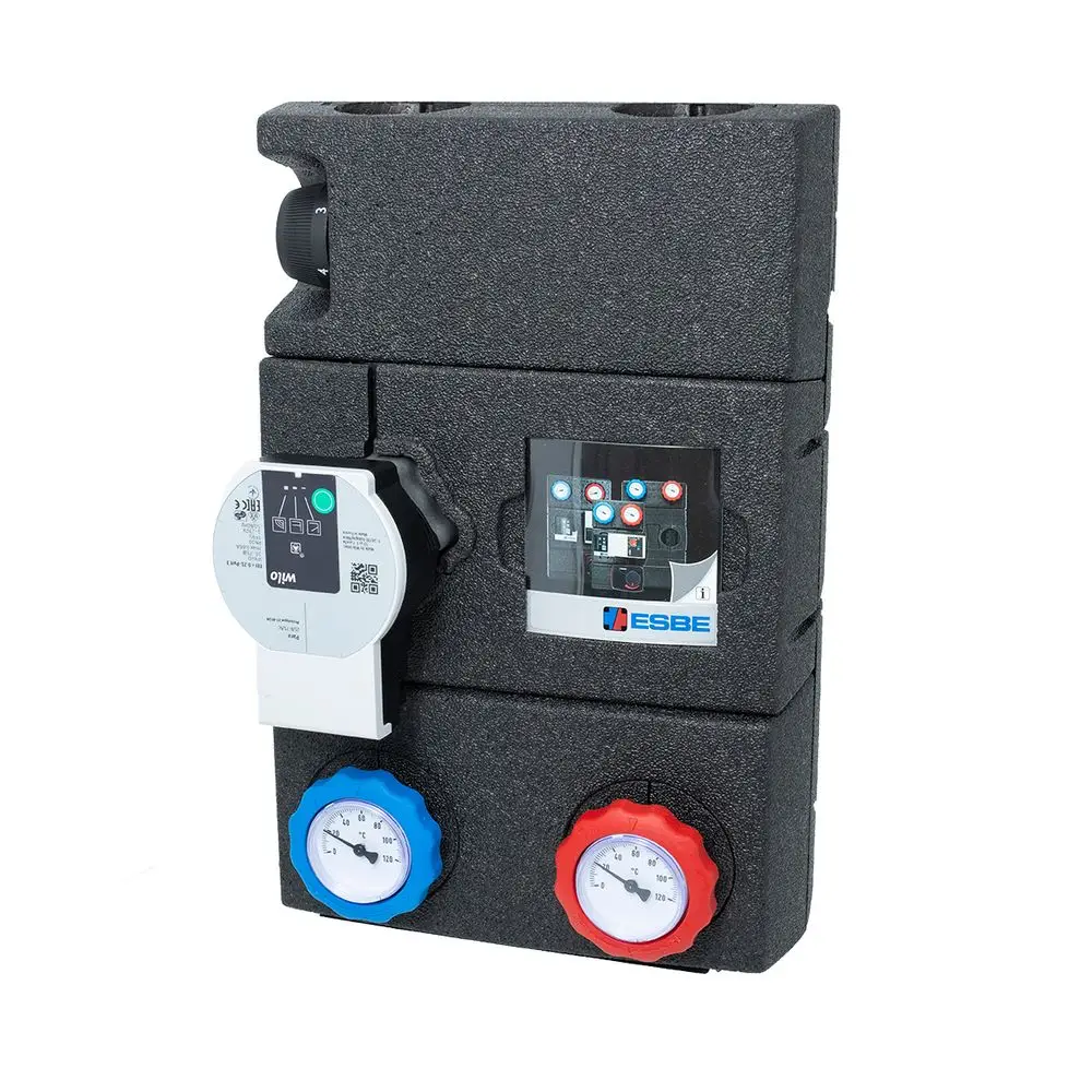 Rücklauftemperaturregler in schwarzem Gehäuse von ESBE mit digitalem Display, zwei Druckmanometern und Einstellknopf für die Temperaturregelung.